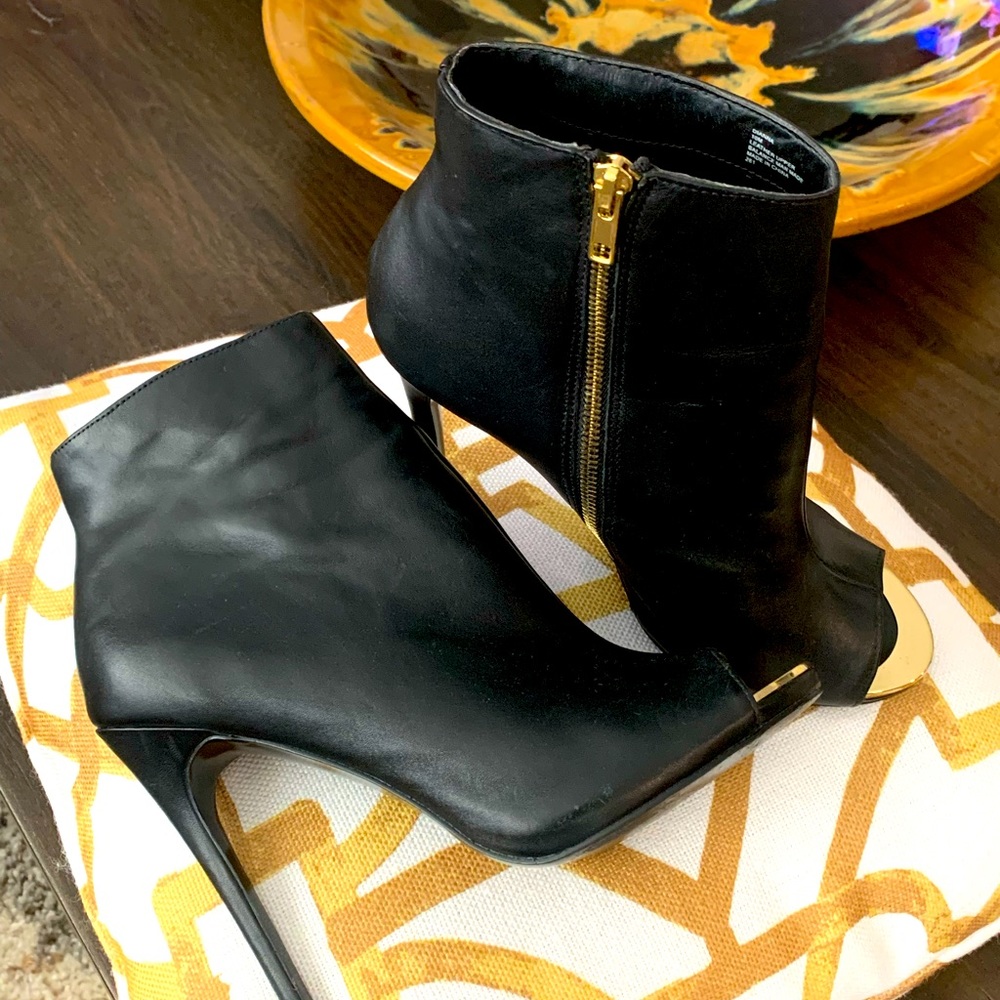 Black leather peep toe booties